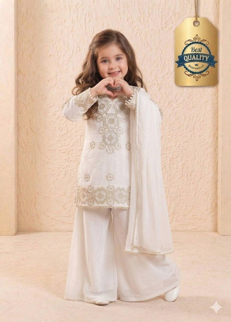 Evanik White Designer Party Wear Look Kids Top Palazzo & Dupatta Set