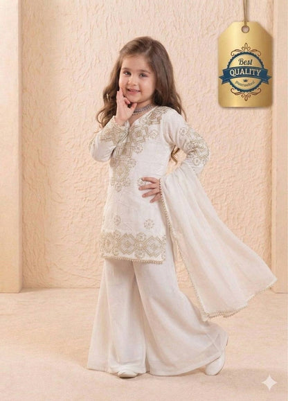 Evanik White Designer Party Wear Look Kids Top Palazzo & Dupatta Set