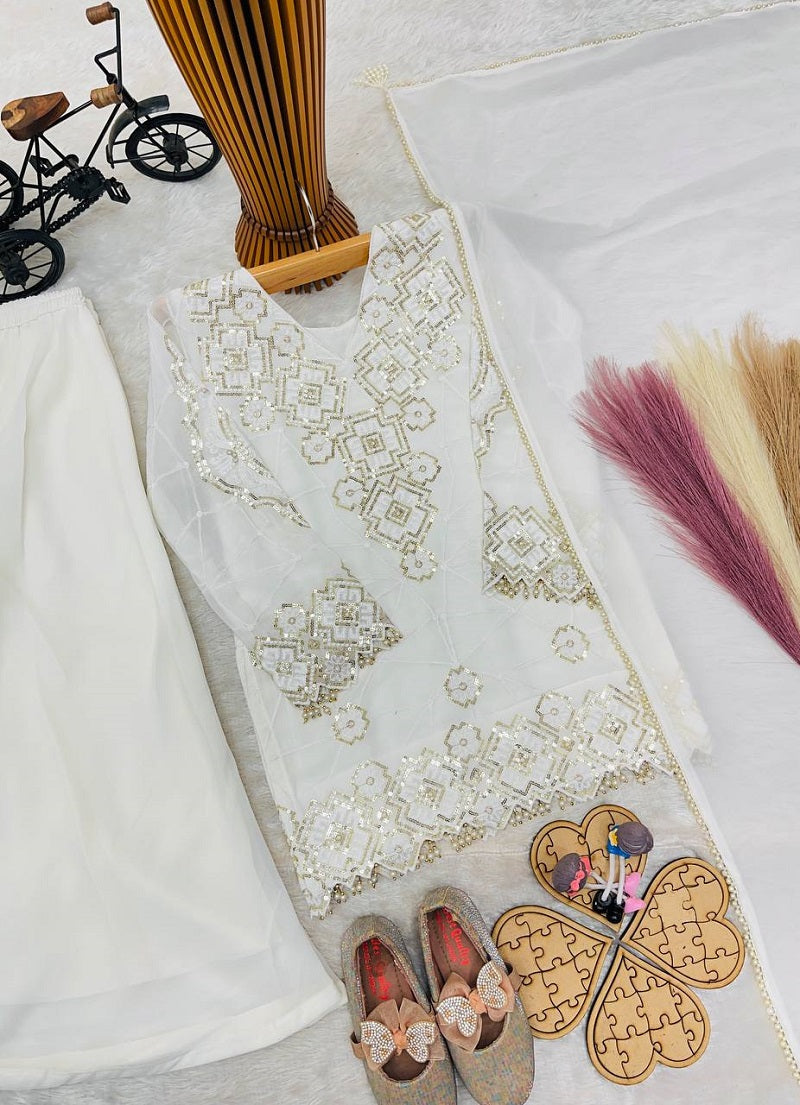 Evanik White Designer Party Wear Look Kids Top Palazzo & Dupatta Set
