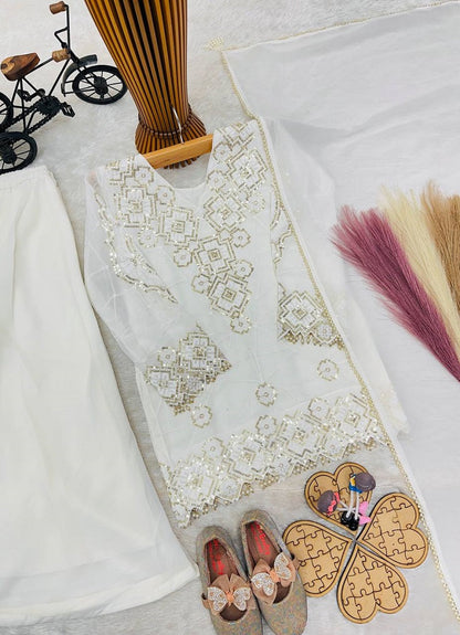 Evanik White Designer Party Wear Look Kids Top Palazzo & Dupatta Set
