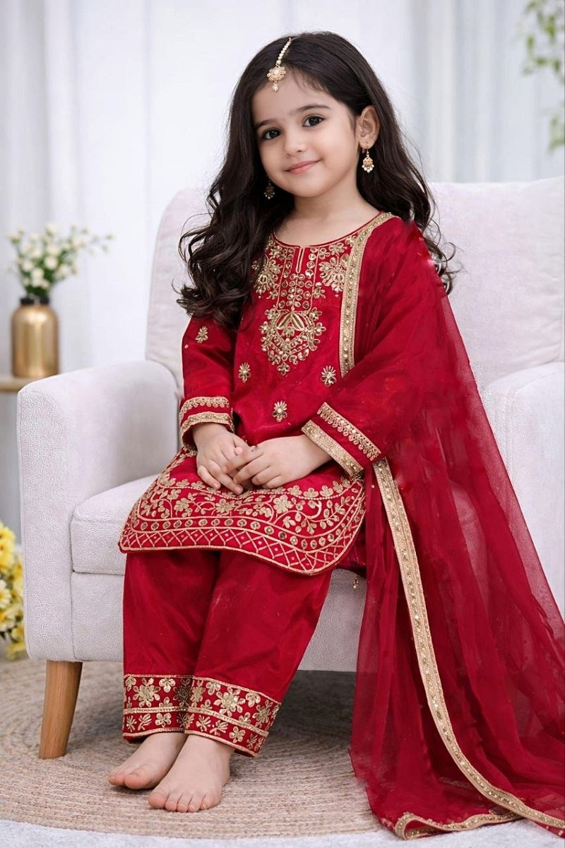 Evanik Red Designer Party Wear Look Kids Top Salwar & Dupata