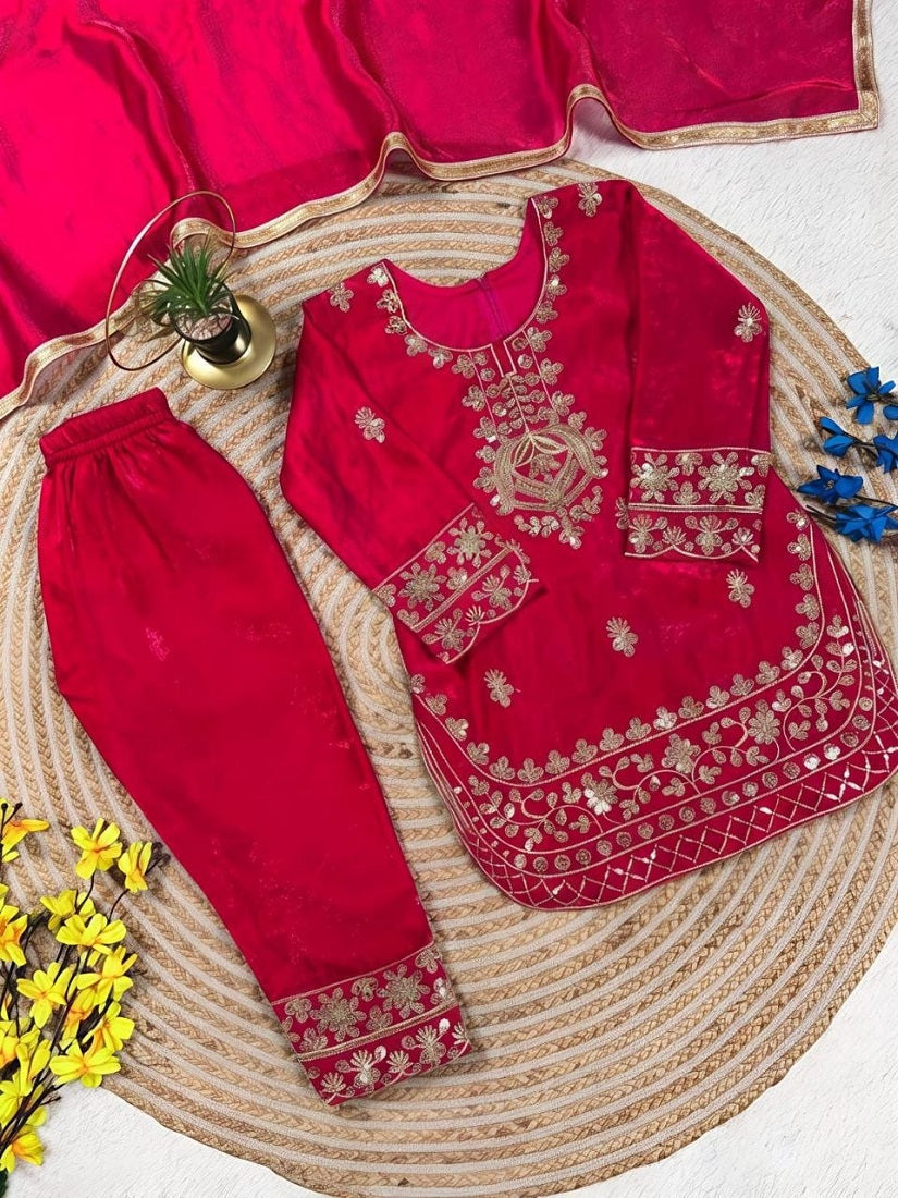 Evanik Red Designer Party Wear Look Kids Top Salwar & Dupata