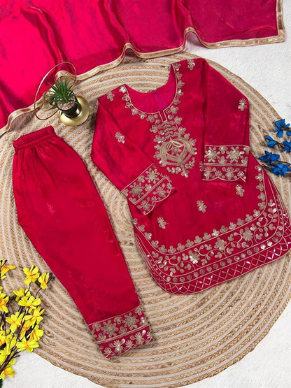 Evanik Red Designer Party Wear Look Kids Top Salwar & Dupata