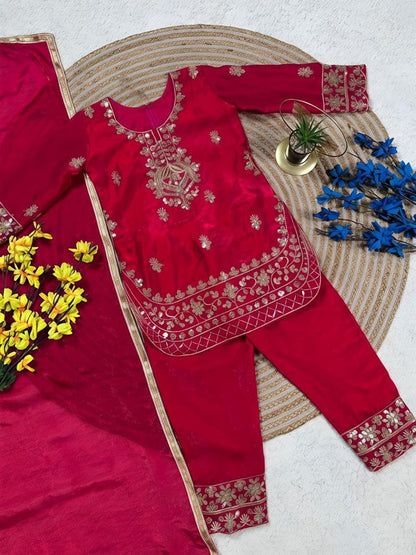 Evanik Red Designer Party Wear Look Kids Top Salwar & Dupata