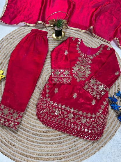 Evanik Red Designer Party Wear Look Kids Top Salwar & Dupata
