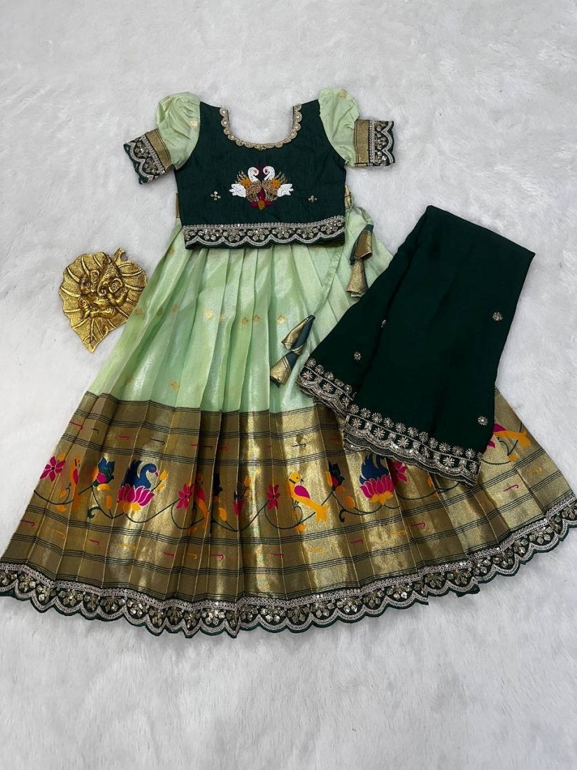 Evanik Green Kids Paithani Simmer Silk Zari Weaving Pavadai Lehenga Choli Set