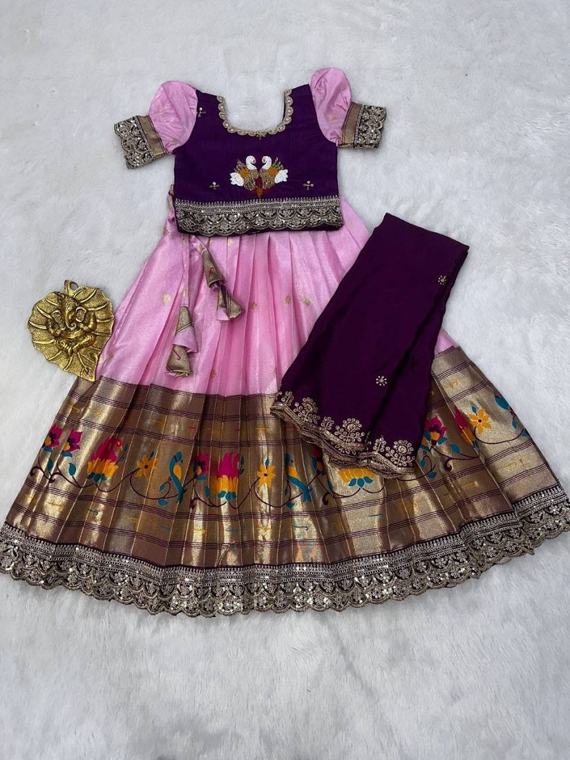 Evanik Purple Kids Paithani Simmer Silk Zari Weaving Pavadai Lehenga Choli Set