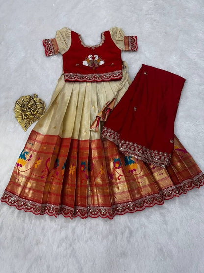 Evanik Red Kids Paithani Simmer Silk Zari Weaving Pavadai Lehenga Choli Set