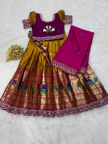 Evanik Pink Kids Paithani Simmer Silk Zari Weaving Pavadai Lehenga Choli Set