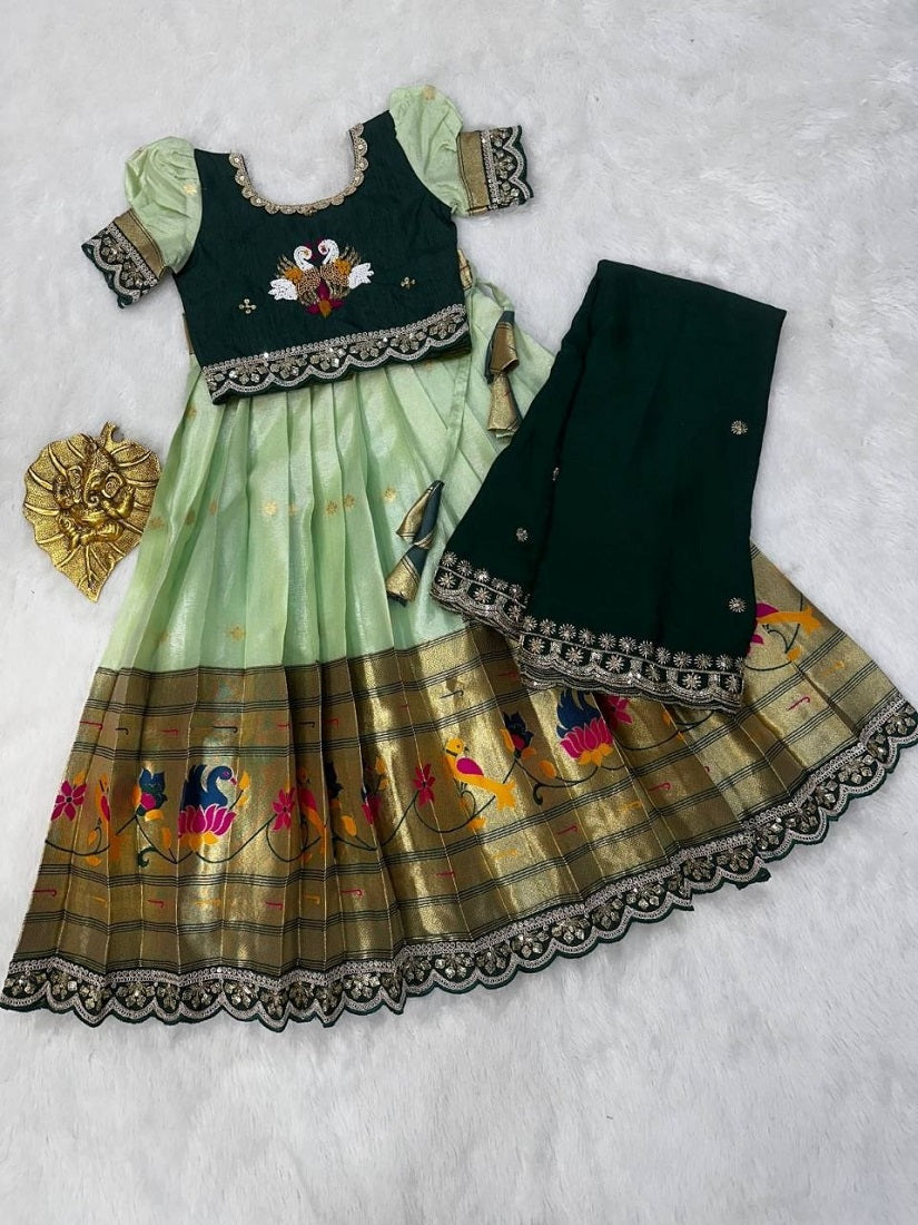 Evanik Green Kids Paithani Simmer Silk Zari Weaving Pavadai Lehenga Choli Set