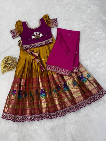 Evanik Pink Kids Paithani Simmer Silk Zari Weaving Pavadai Lehenga Choli Set