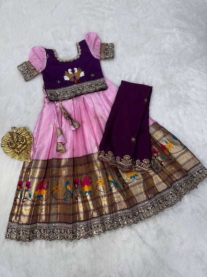 Evanik Purple Kids Paithani Simmer Silk Zari Weaving Pavadai Lehenga Choli Set
