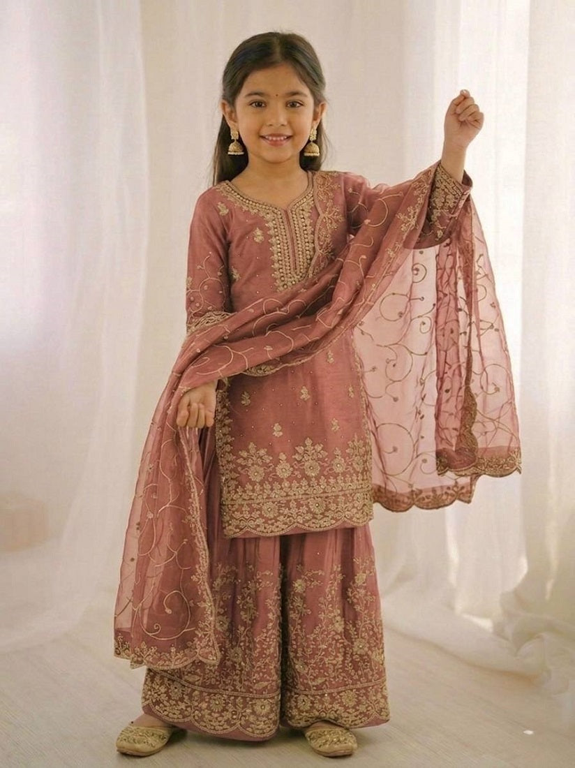 Evanik Orange Designer Wedding Embroidered Work Kids Palazzo Set