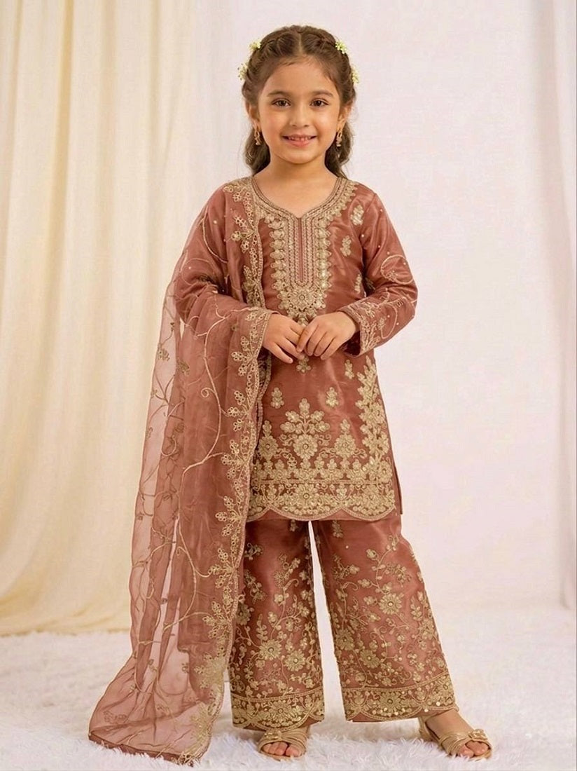 Evanik Orange Designer Wedding Embroidered Work Kids Palazzo Set