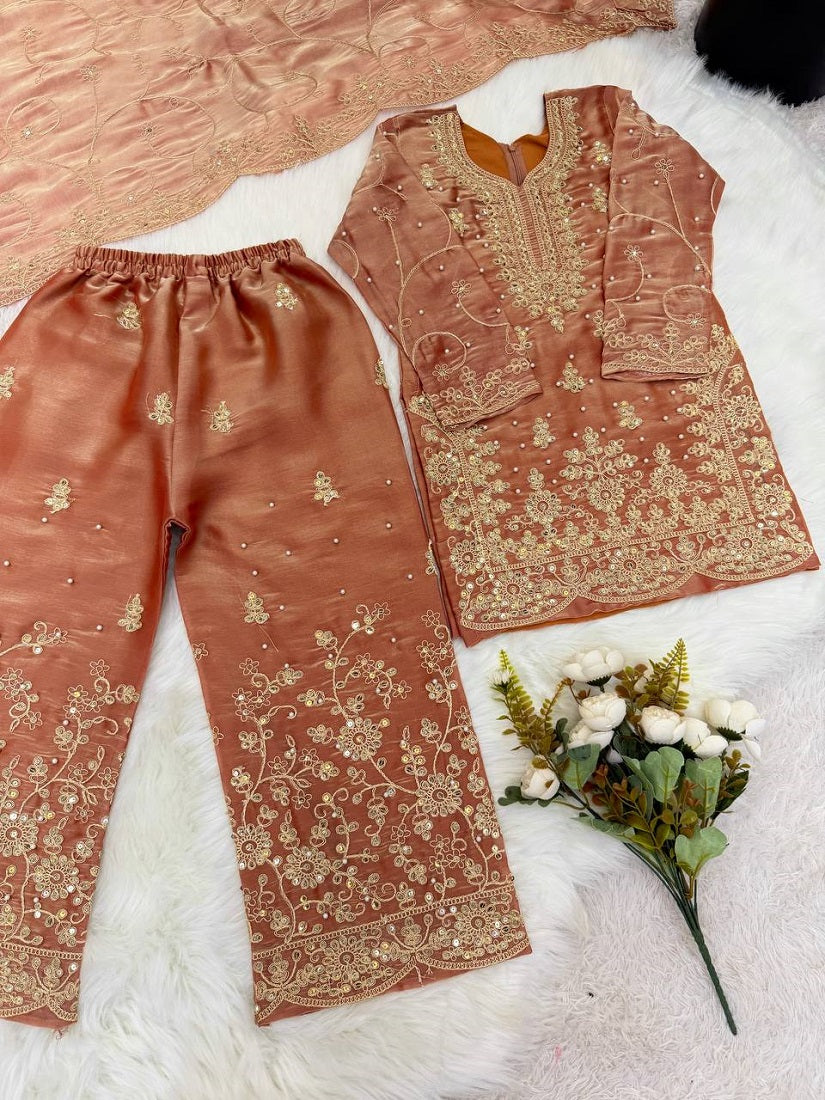 Evanik Orange Designer Wedding Embroidered Work Kids Palazzo Set