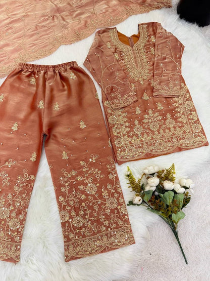 Evanik Orange Designer Wedding Embroidered Work Kids Palazzo Set