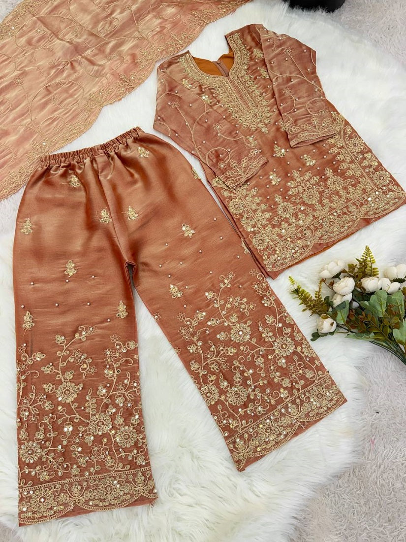 Evanik Orange Designer Wedding Embroidered Work Kids Palazzo Set