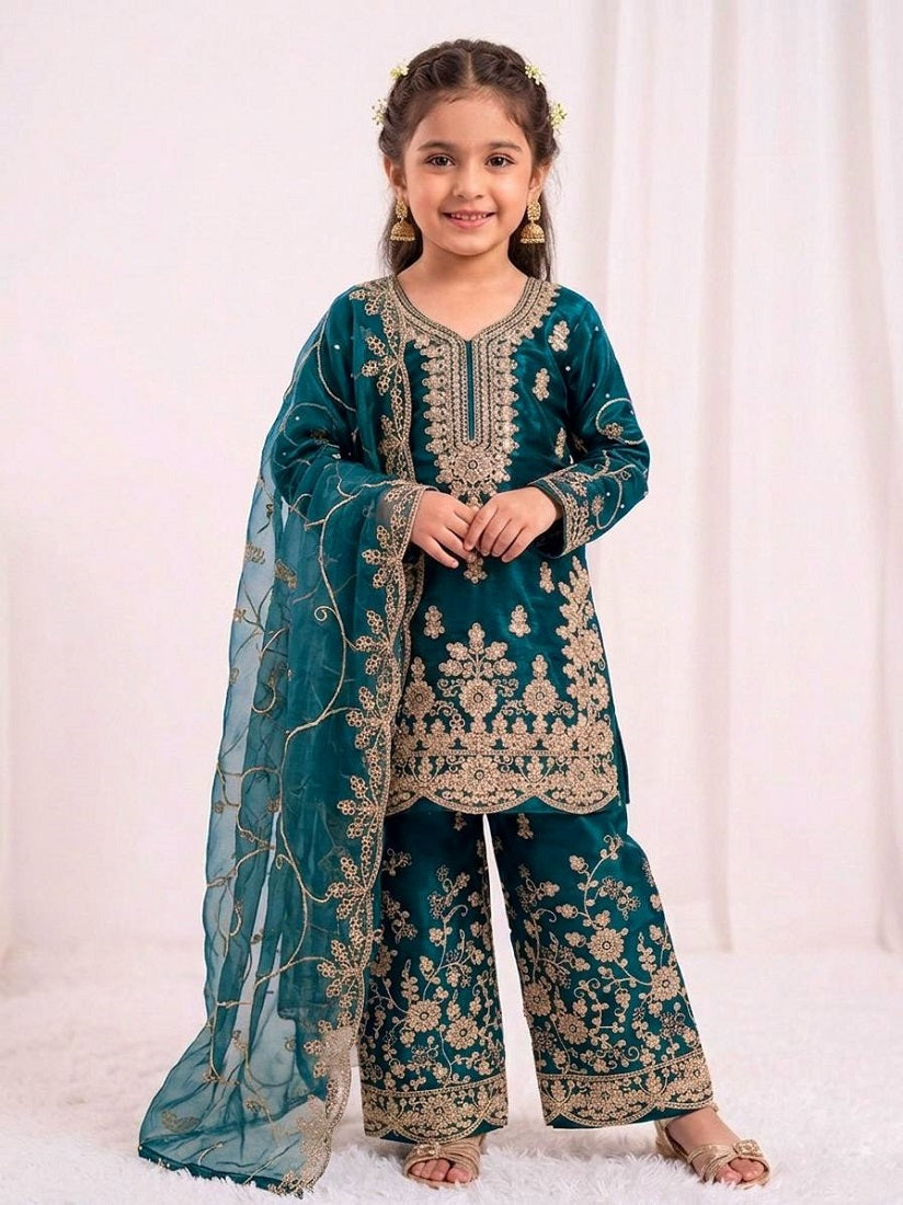 Evanik Blue Designer Wedding Embroidered Work Kids Palazzo Set