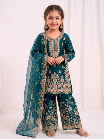 Evanik Blue Designer Wedding Embroidered Work Kids Palazzo Set