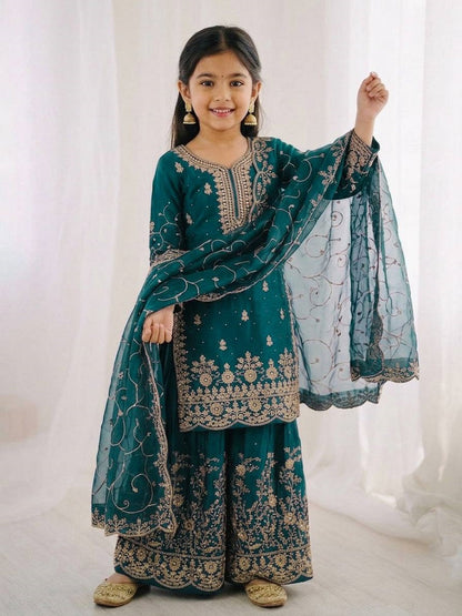 Evanik Blue Designer Wedding Embroidered Work Kids Palazzo Set