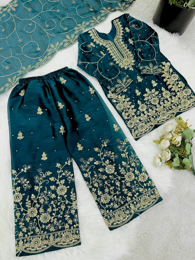 Evanik Blue Designer Wedding Embroidered Work Kids Palazzo Set