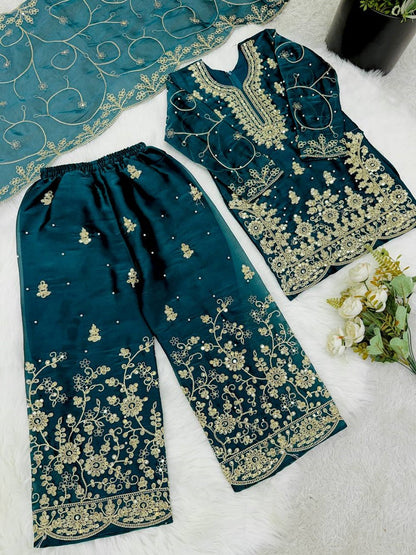 Evanik Blue Designer Wedding Embroidered Work Kids Palazzo Set