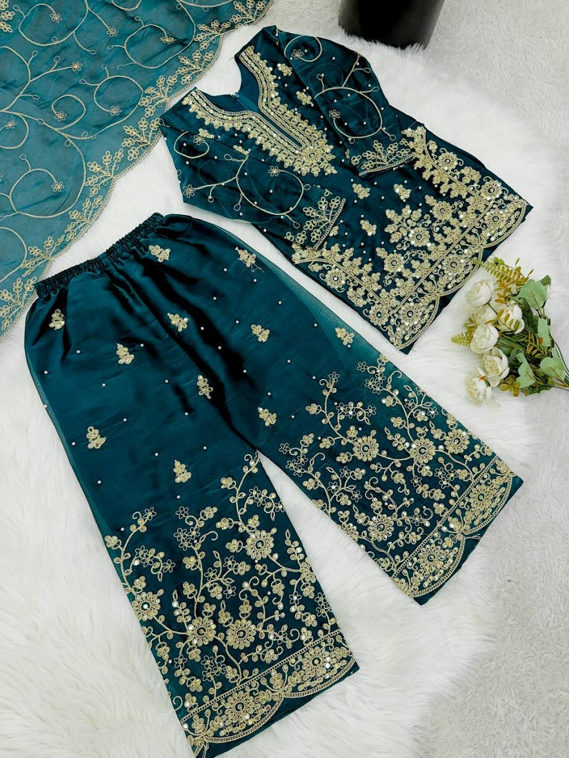 Evanik Blue Designer Wedding Embroidered Work Kids Palazzo Set