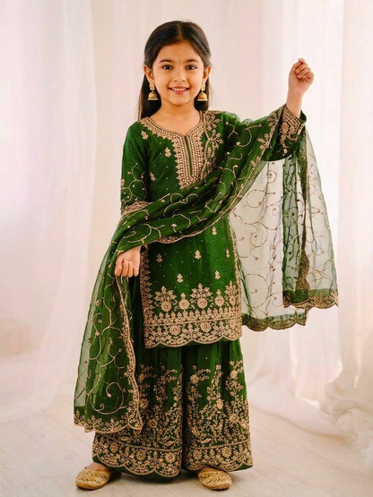 Evanik Green Designer Wedding Embroidered Work Kids Palazzo Set