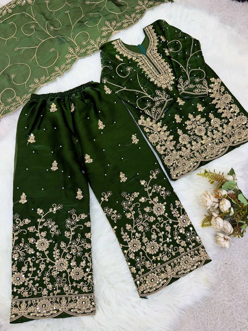 Evanik Green Designer Wedding Embroidered Work Kids Palazzo Set
