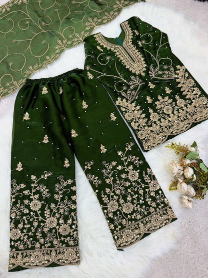 Evanik Green Designer Wedding Embroidered Work Kids Palazzo Set