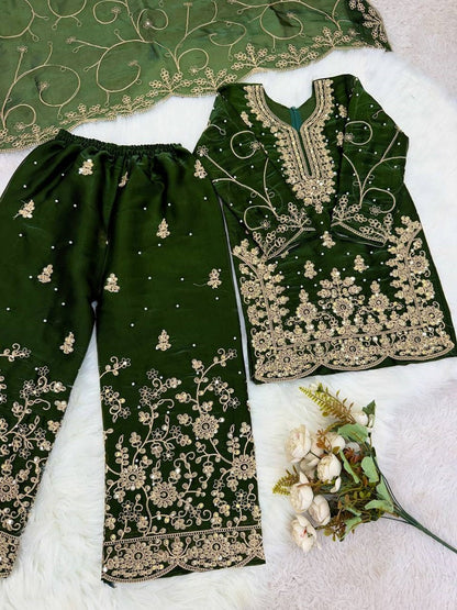 Evanik Green Designer Wedding Embroidered Work Kids Palazzo Set