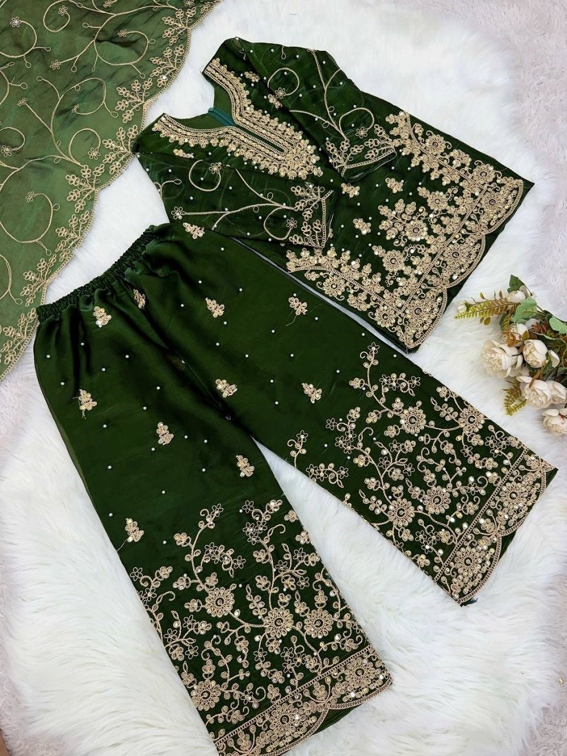 Evanik Green Designer Wedding Embroidered Work Kids Palazzo Set