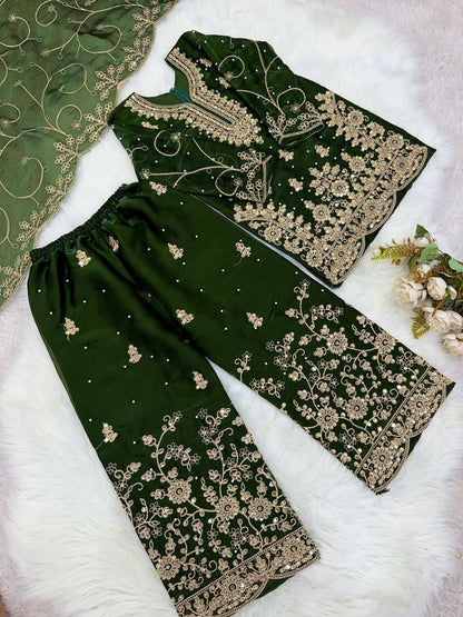 Evanik Green Designer Wedding Embroidered Work Kids Palazzo Set