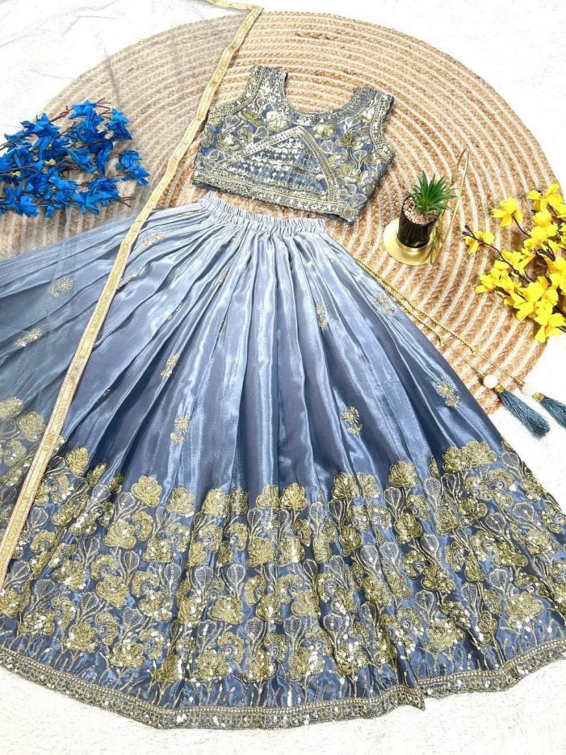 Evanik Grey Designer Sequence Embroidered Work Wedding Kids Lehenga Choli