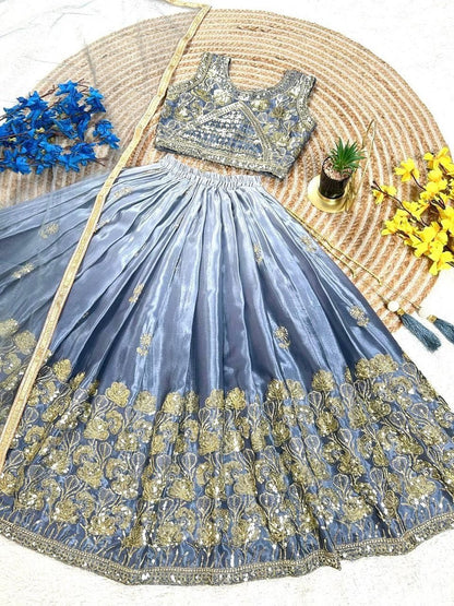 Evanik Grey Designer Sequence Embroidered Work Wedding Kids Lehenga Choli