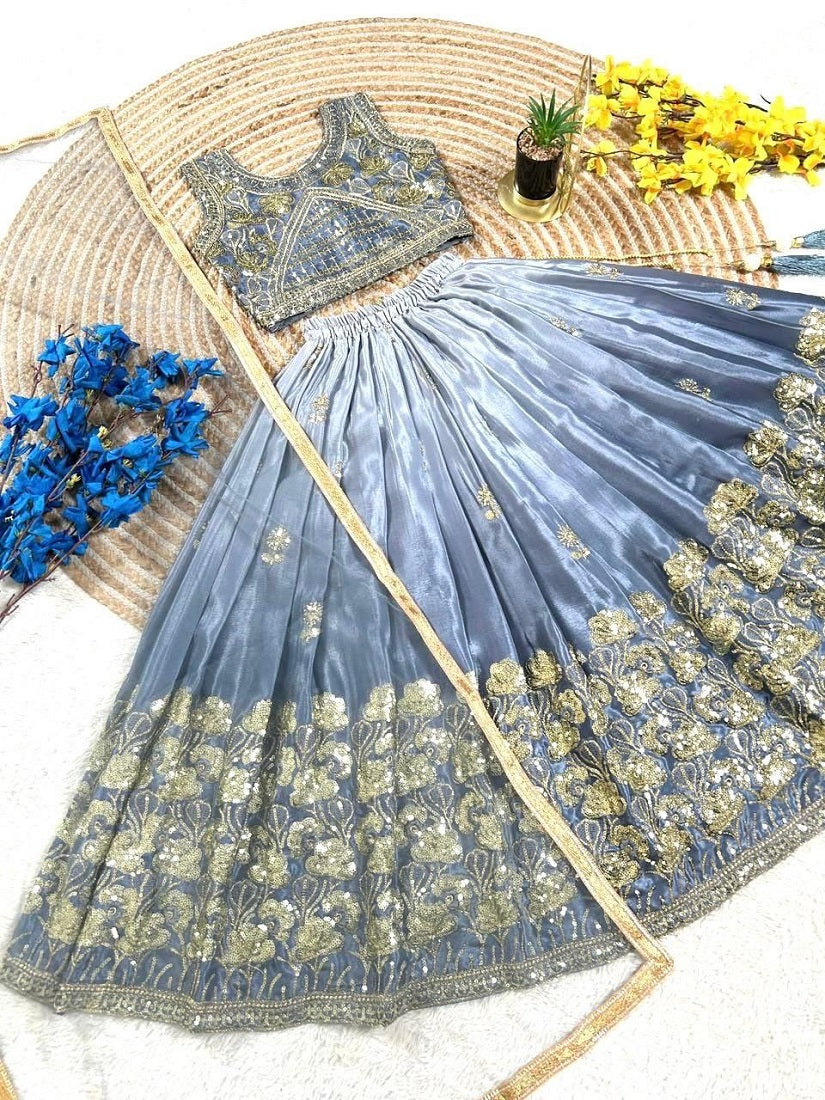 Evanik Grey Designer Sequence Embroidered Work Wedding Kids Lehenga Choli