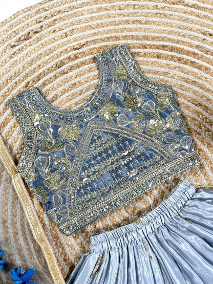 Evanik Grey Designer Sequence Embroidered Work Wedding Kids Lehenga Choli