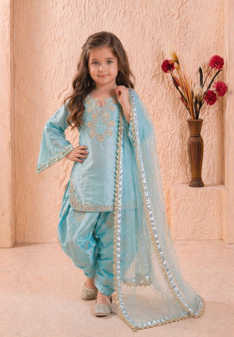 Evanik Blue Designer Party Wear Heavy Silk Kids Top Farshi Palazzo & Dupatta Set