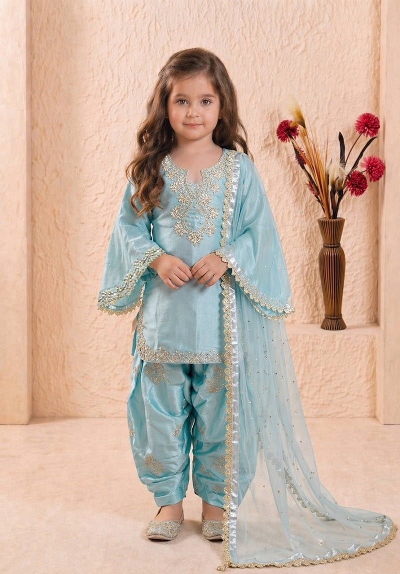 Evanik Blue Designer Party Wear Heavy Silk Kids Top Farshi Palazzo & Dupatta Set