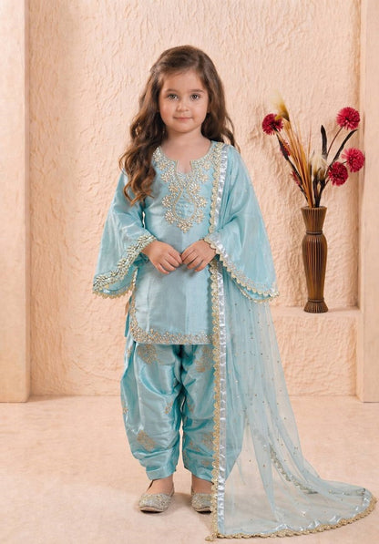 Evanik Blue Designer Party Wear Heavy Silk Kids Top Farshi Palazzo & Dupatta Set