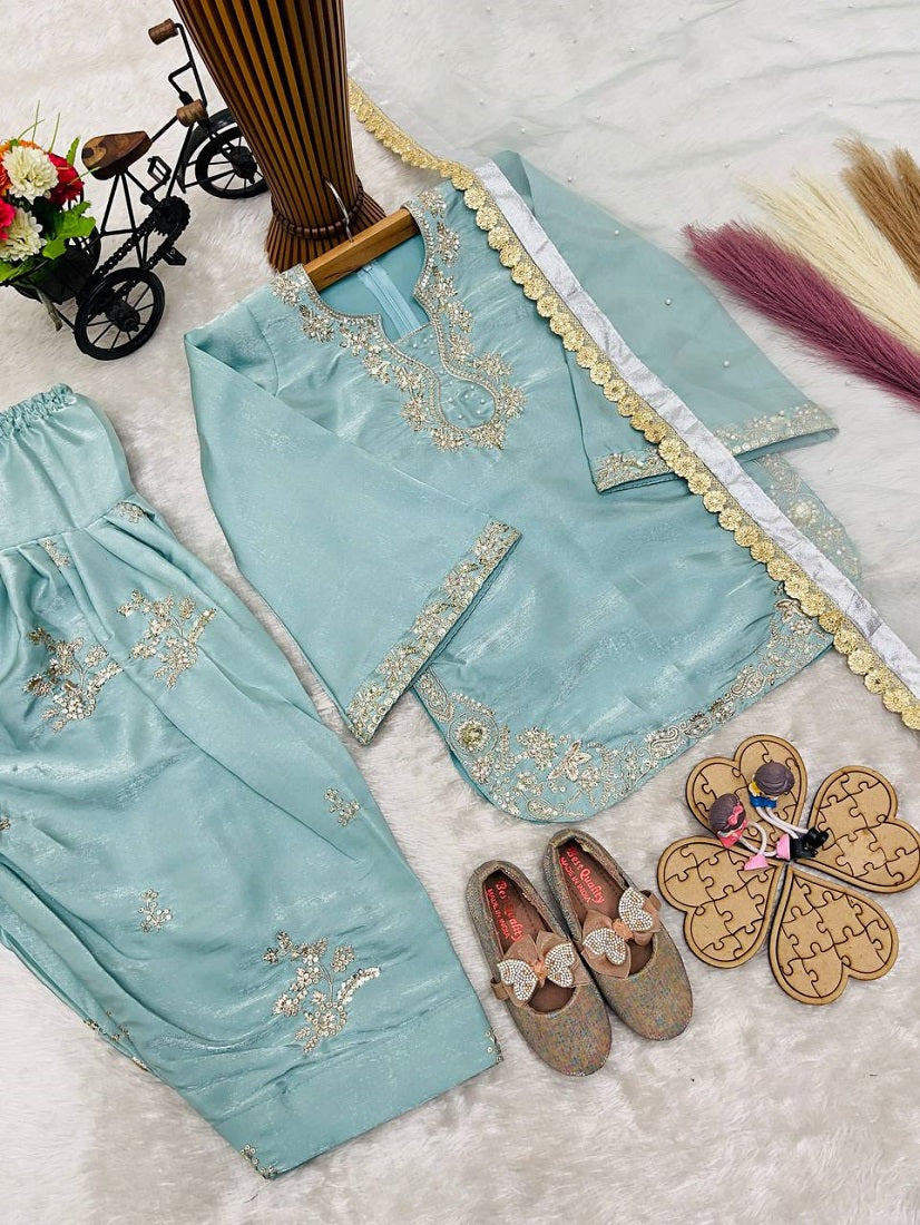 Evanik Blue Designer Party Wear Heavy Silk Kids Top Farshi Palazzo & Dupatta Set