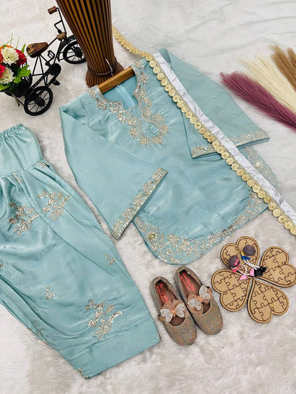 Evanik Blue Designer Party Wear Heavy Silk Kids Top Farshi Palazzo & Dupatta Set