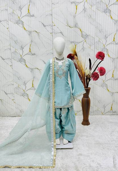 Evanik Blue Designer Party Wear Heavy Silk Kids Top Farshi Palazzo & Dupatta Set