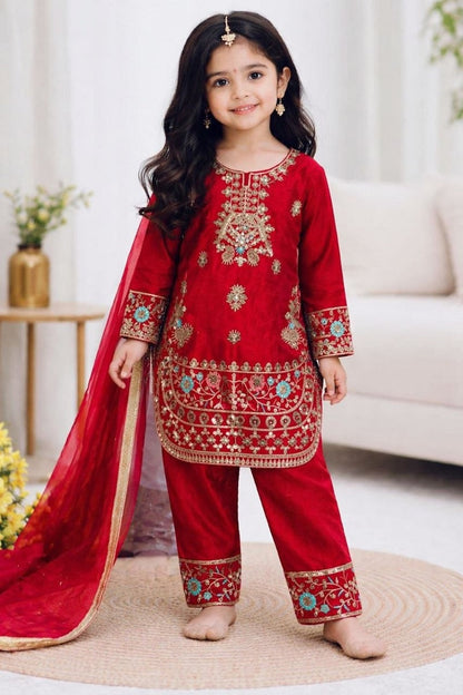 Evanik Red Embroidered Fendy Silk Kurta With Pant & Dupatta Set for Kids