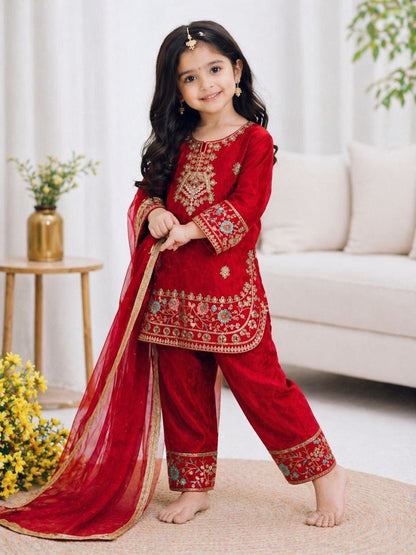 Evanik Red Embroidered Fendy Silk Kurta With Pant & Dupatta Set for Kids