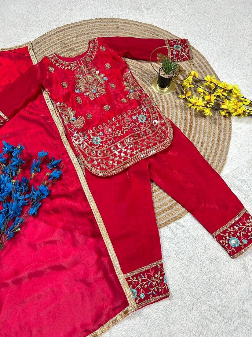 Evanik Red Embroidered Fendy Silk Kurta With Pant & Dupatta Set for Kids