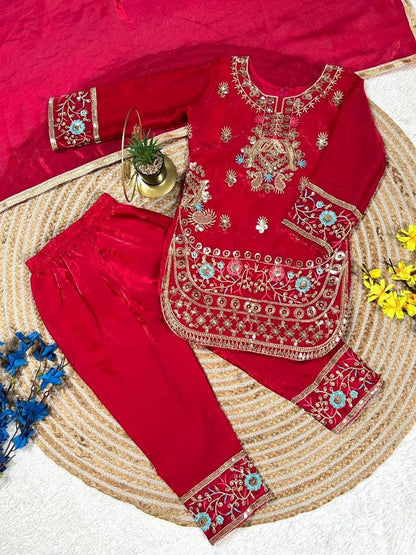 Evanik Red Embroidered Fendy Silk Kurta With Pant & Dupatta Set for Kids