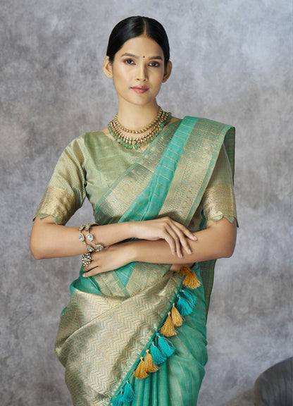 Anaita Mint Cotton Silk Zari Woven Work Saree With Blouse Piece