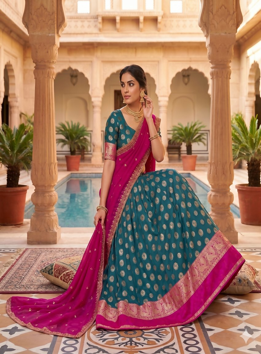Teeya Creation Peacock Blue Banarasi Silk Ethnic Lehenga Choli for Festivals and Weddings