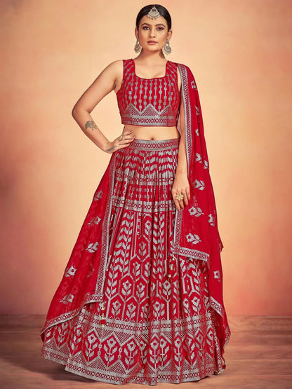 Tulsi Art Lovely Red Sequins Georgette Sangeet Wear Lehenga Choli With Dupatta